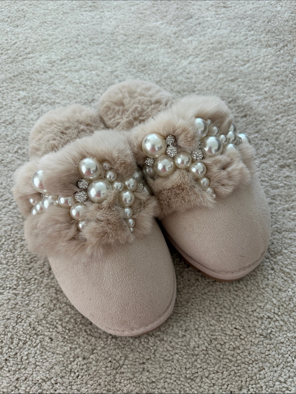 Embellished Faux Fur Pearl Slippers - Blush - Size S